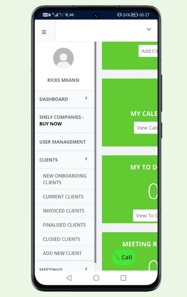 CPMA menu with client management and calendar