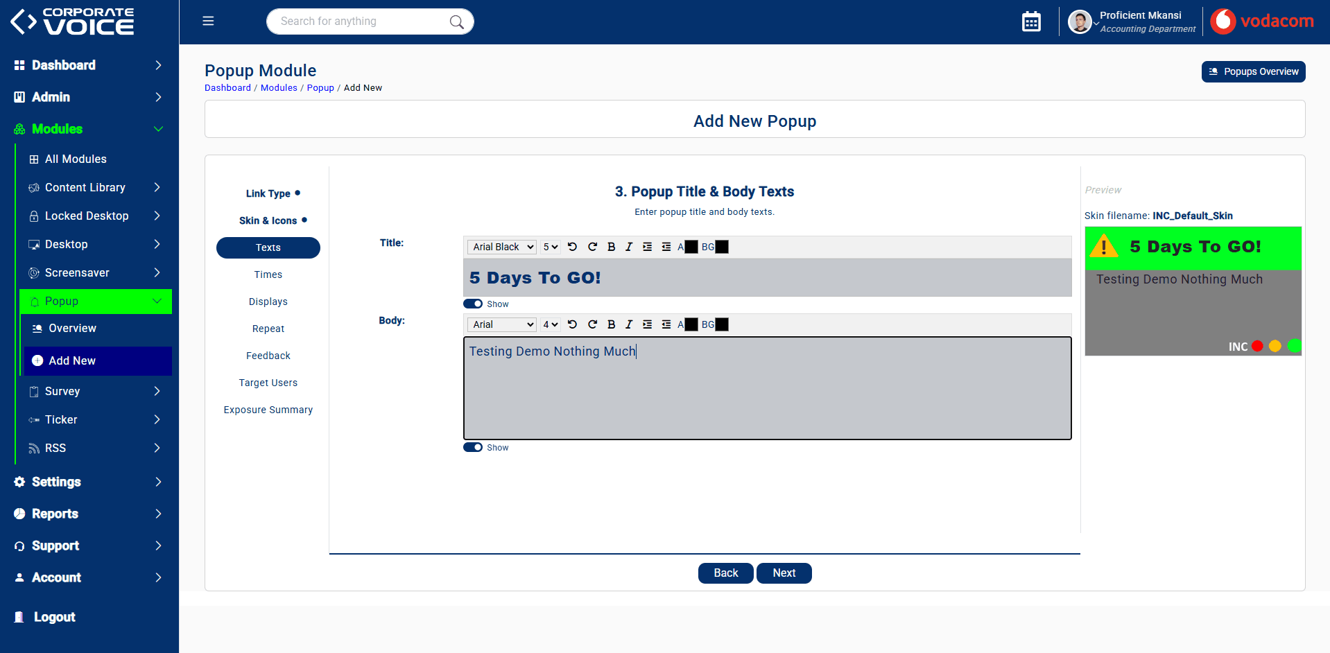 Adding a new popup with title and body text