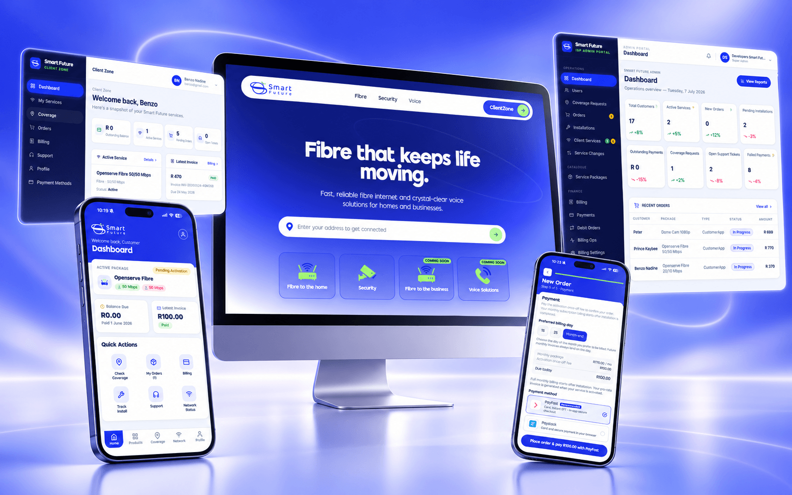 SmartFuture website, customer app and operations dashboard