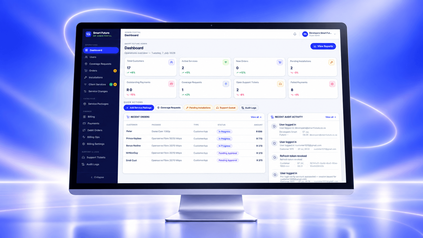 SmartFuture operations dashboard with orders and audit activity