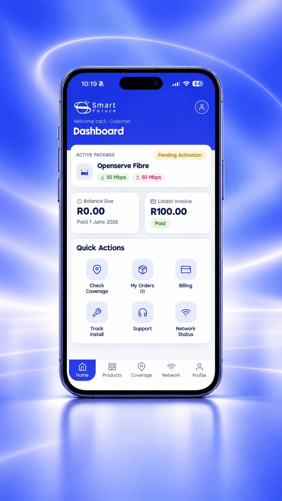 SmartFuture app dashboard with active package, balance and quick actions