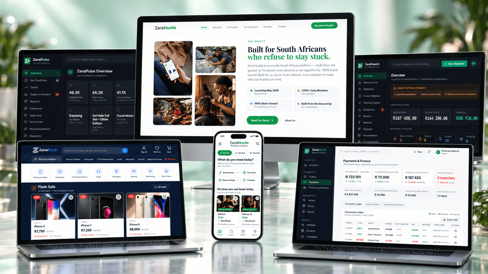 ZansiHustle marketplace, mobile app, ZansiTech, ZansiDispatch, ZansiPulse and admin portal